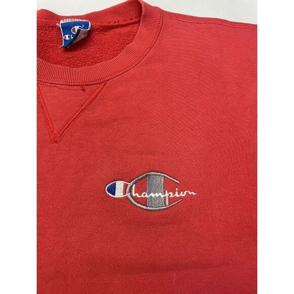 VINTAGE Champion Logo Embroidered Sweatshirt Men Medium Red Distressed USA 90s - Picture 2 of 9
